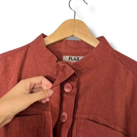 Flax Linen Grateful Jacket Spice Pockets Lagenlook Rust Orange Buttons $214 - Picture 8 of 11